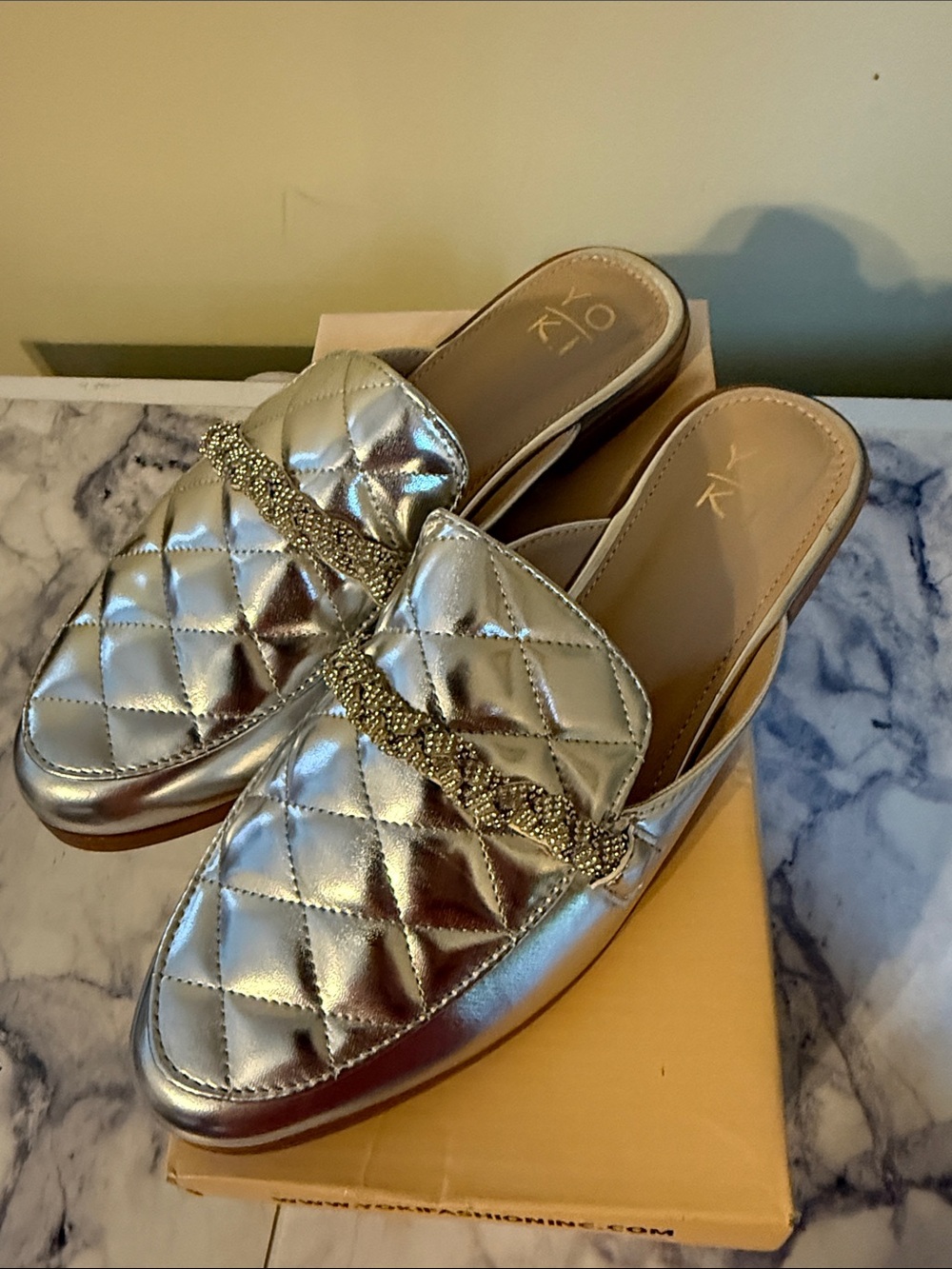 Yoki Metallic Silver Quilted Slip-On Mules with Beaded Trim